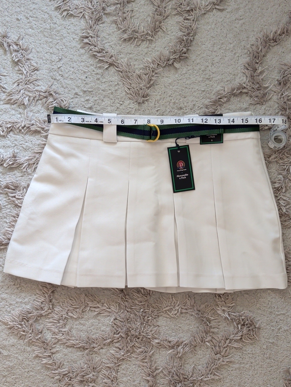 Abercrombie & Fitch Cream Pleated Mini Skirt with Green-Striped Belt